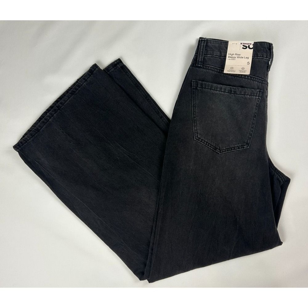 SO High Rise Baggy Wide Leg Womens Black Washed Jeans Distressed Knees Sz 5/ 27w